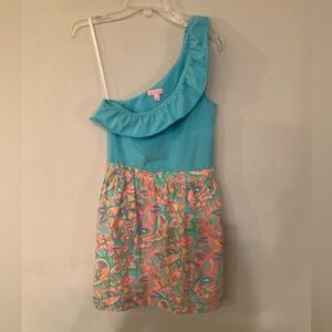 Lilly Pulitzer Turquoise One Shoulder Ruffle mini DressMulticolor Print Skirt M